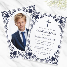 Bevestiging Navy Blauwe Jongens Foto Vintage Elega Kaart