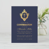 Bevestiging Navy Blue Elegant Faux Gold Crest Boy Kaart (Staand voorkant)
