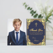 Bevestiging Navy Blue Faux Gold  Boy Foto Bedankkaart (Staand voorkant)