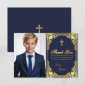 Bevestiging Navy Blue Faux Gold  Boy Foto Bedankkaart (Voorkant / Achterkant)