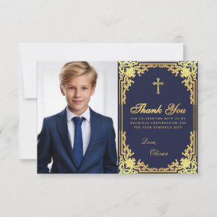 Bevestiging Navy Blue Faux Gold  Boy Foto Bedankkaart