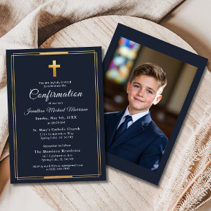 Bevestiging Navy Blue Gold Photo Boy Kaart