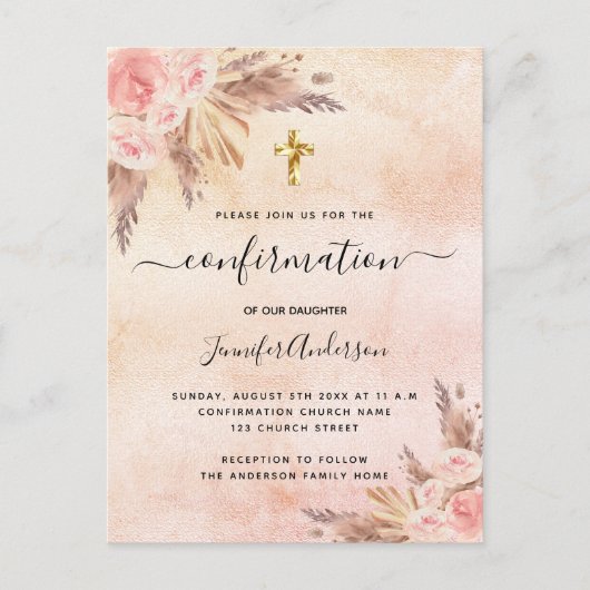 Bevestiging pampas gras roos gouden wazig roze uitnodiging briefkaart (Voorkant)