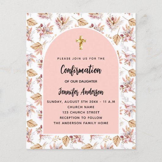 Bevestiging pampas roos gouden bloemenuitnodiging flyer (Voorkant)