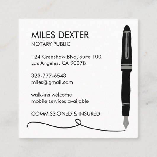 Bevestiging Pen Handtekening Notaris Public Legal Vierkante Visitekaartje (Achterkant)