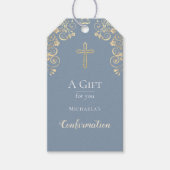 Bevestiging robuust blauw goud kruis cadeaulabel (Voorkant)