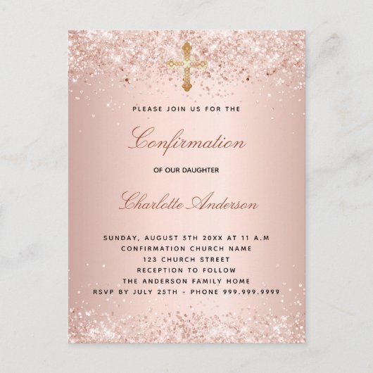 Bevestiging roos goud glitterstof kruis uitnodiging briefkaart (Voorkant)