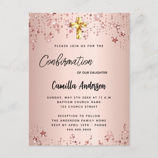 Bevestiging roos gouden sterren meisjesscript uitnodiging briefkaart (Voorkant)