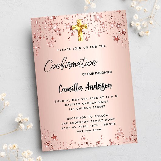 Bevestiging roos gouden sterren meisjesscript uitnodiging briefkaart