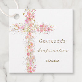 Bevestiging roze bloemen kruis bedankjes labels