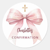 Bevestiging roze boog meisje kruis ronde sticker (Voorkant)