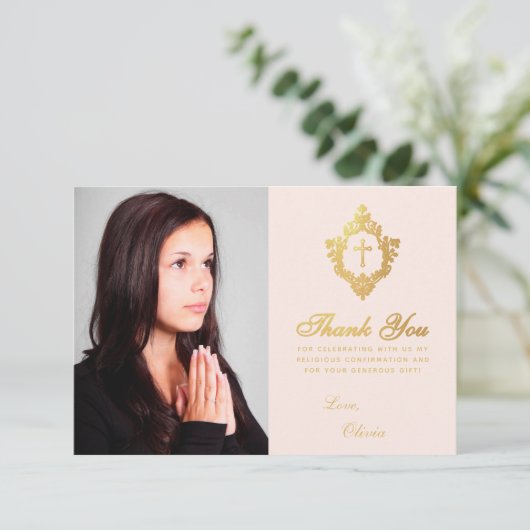 Bevestiging Roze Gouden Crest Meisje Foto  Bedankkaart (Staand voorkant)