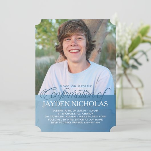 Bevestiging Transparantie Blauwe Foto Uitnodiging (Staand voorkant)