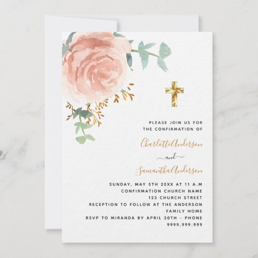 Bevestiging tweeling meisjes roos bloemenkruis lux kaart (Voorkant)