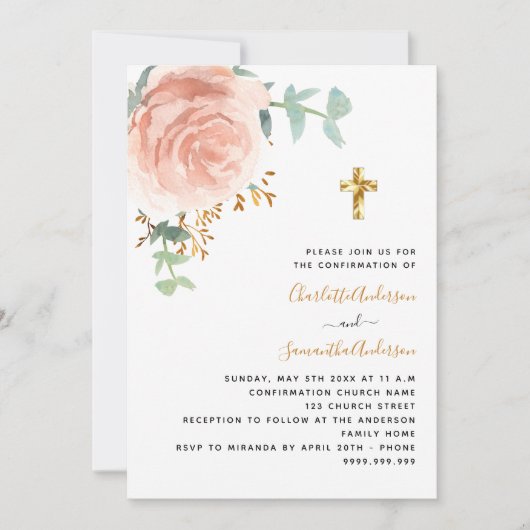 Bevestiging tweeling meisjes roos gouden bloemenkr kaart (Voorkant)