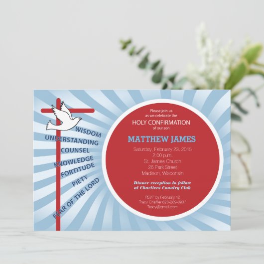 Bevestiging uitnodiging Rood Blauw Rays (Staand voorkant)