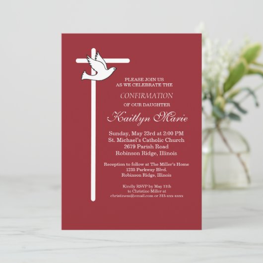 Bevestiging Uitnodiging Wit kruis & duif op rood (Staand voorkant)