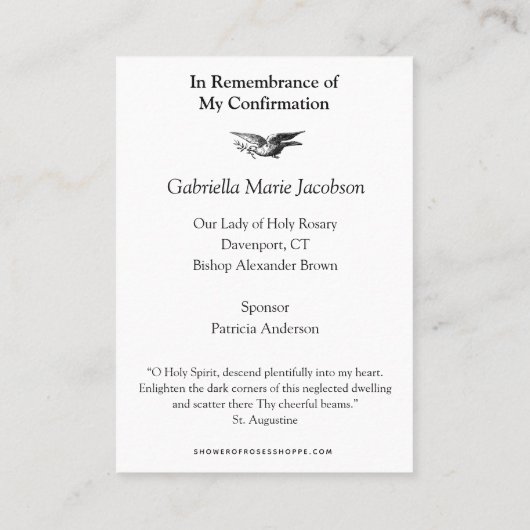 Bevestiging van een religieuze Heilige Geest Schep Plaatskaartje (Achterkant)