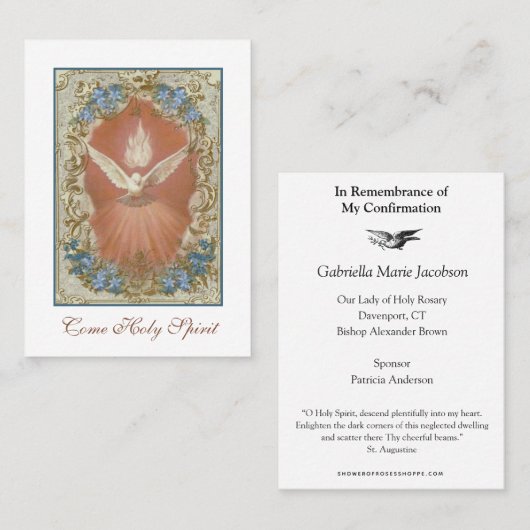 Bevestiging van een religieuze Heilige Geest Schep Plaatskaartje (Voorkant / Achterkant)