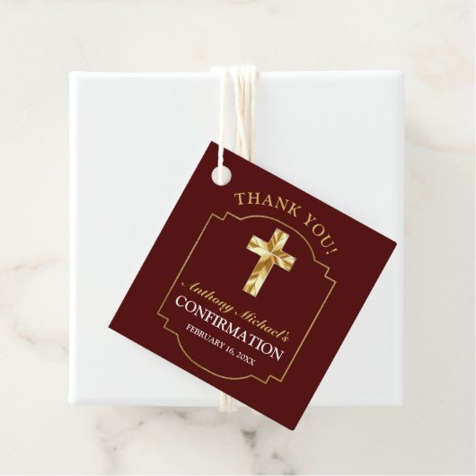 Bevestiging van Elegant Burgundy Gold Cross Boys Bedankjes Labels (In situ)