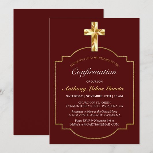 Bevestiging van Elegant Burgundy Gold Cross Boys Kaart (Voorkant / Achterkant)