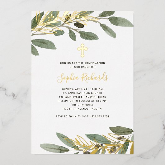 Bevestiging van goudolie en olijfbladeren folie uitnodiging (Voorkant)
