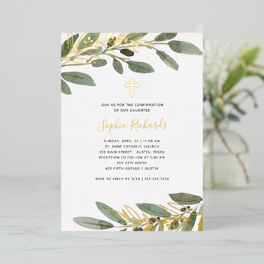 Bevestiging van goudolie en olijfbladeren folie uitnodiging (Staand Voorkant)