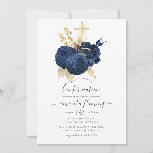 Bevestiging van Navy Blue en Gold  Roos Kaart (Voorkant)