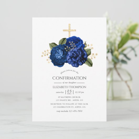 Bevestiging van Royal Blue en Gold Floral Kaart (Staand voorkant)