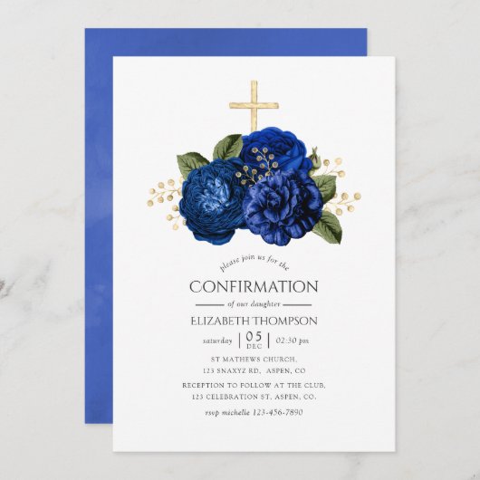 Bevestiging van Royal Blue en Gold Floral Kaart (Voorkant / Achterkant)