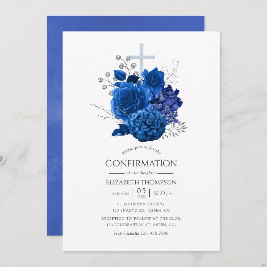 Bevestiging van Royal Blue en Silver Floral Kaart (Voorkant / Achterkant)