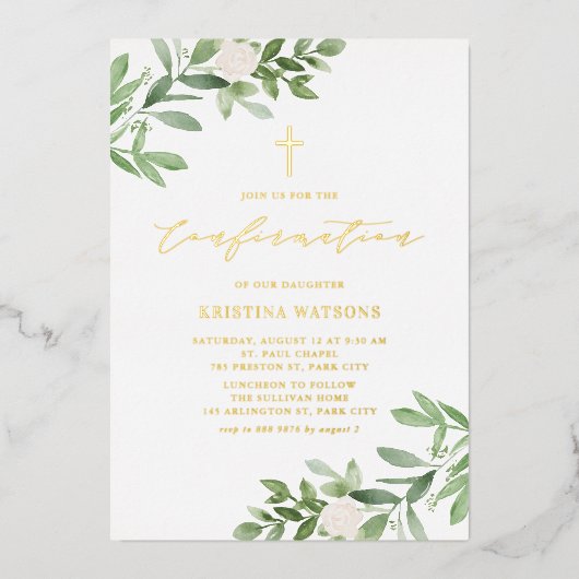 Bevestiging van waterverf Greenery en White Flower Folie Uitnodiging (Voorkant)