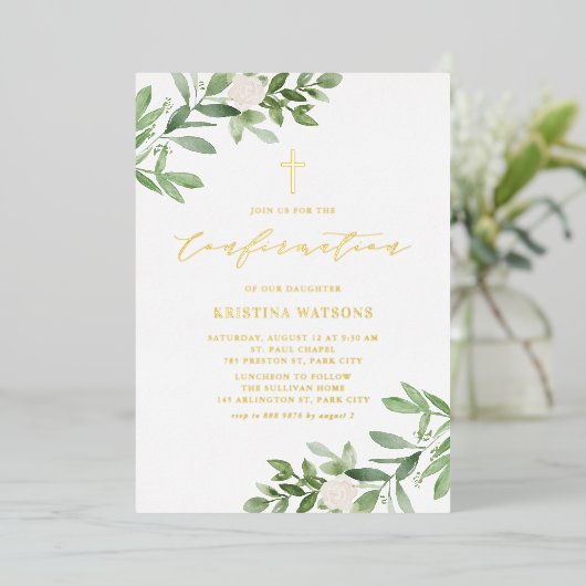 Bevestiging van waterverf Greenery en White Flower Folie Uitnodiging (Staand Voorkant)