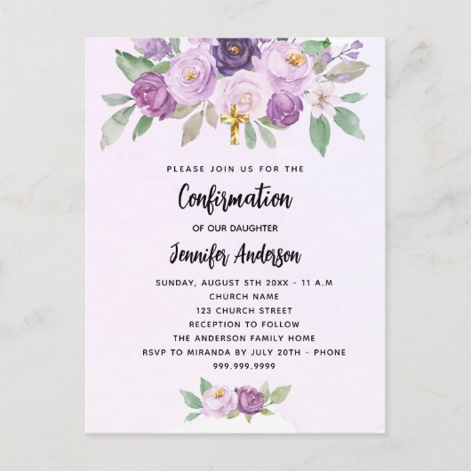 Bevestiging violette bloemen groen kruis uitnodiging briefkaart (Voorkant)