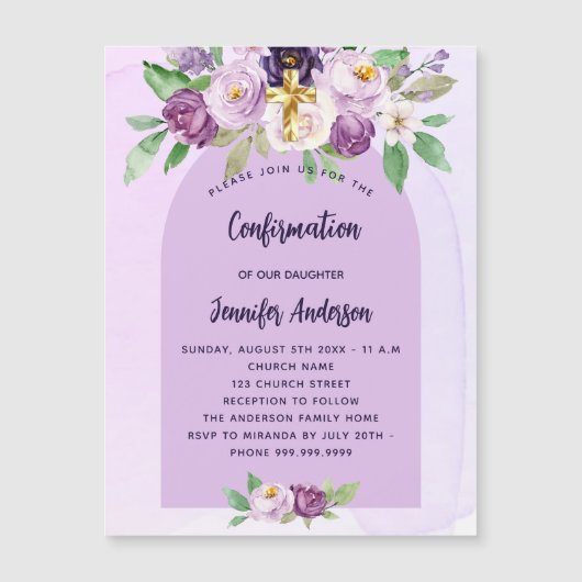 Bevestiging violette paarse bloemen cross luxe magnetische uitnodiging (Voorkant)