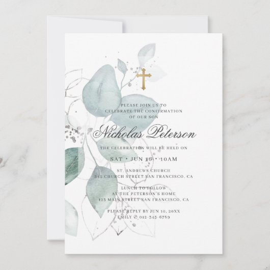 Bevestiging voor hem | Modern Foliage Gold Cross Kaart (Voorkant)