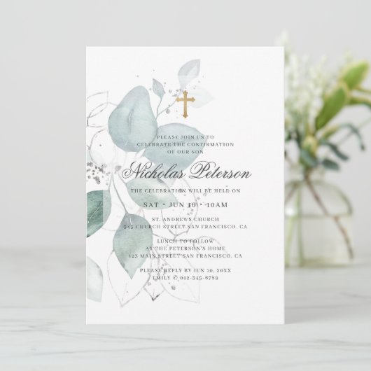 Bevestiging voor hem | Modern Foliage Gold Cross Kaart (Staand voorkant)