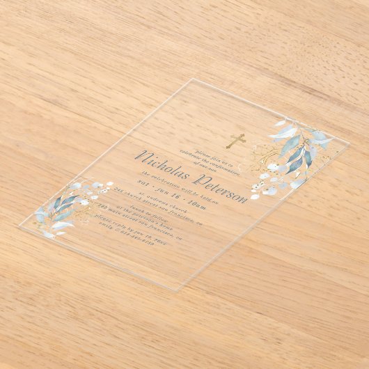 Bevestiging voor Him Modern Foliage Gold Cross Acryl Uitnodigingen (Laagn)