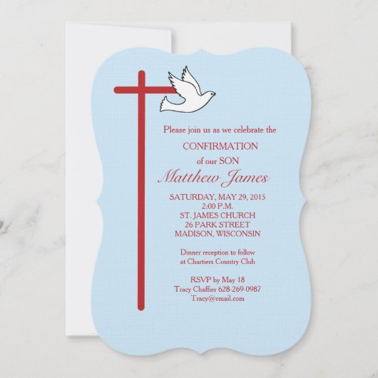 Bevestiging voor zoon met kruis en duif blauw kaart (Voorkant)