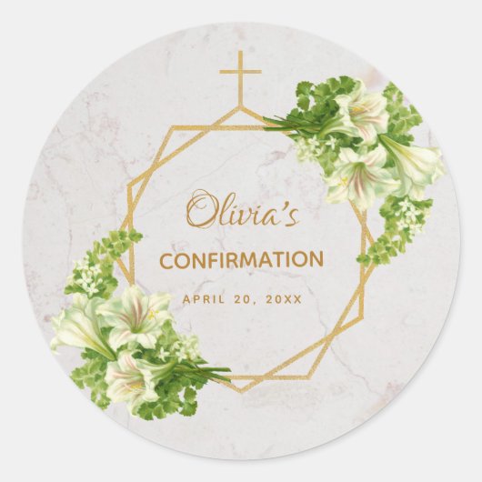 Bevestiging White Lilies Marble Gold Cross Floral Ronde Sticker (Voorkant)