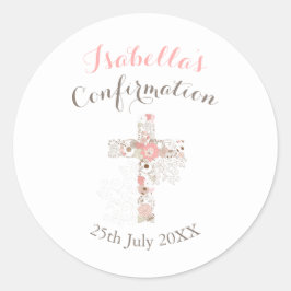 Bevestiging witte florale kruisnaam ronde sticker