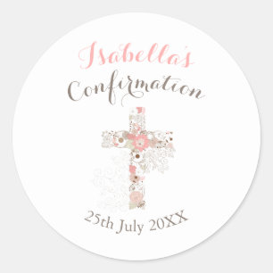 Bevestiging witte florale kruisnaam ronde sticker