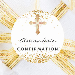 Bevestiging witte goudglitterkruisnaam ronde sticker