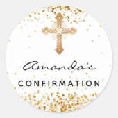 Bevestiging witte goudglitterkruisnaam ronde sticker (Voorkant)