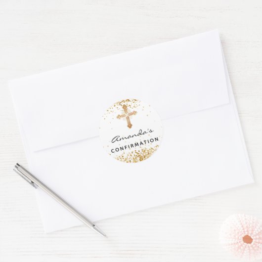 Bevestiging witte goudglitterkruisnaam ronde sticker (Envelop)