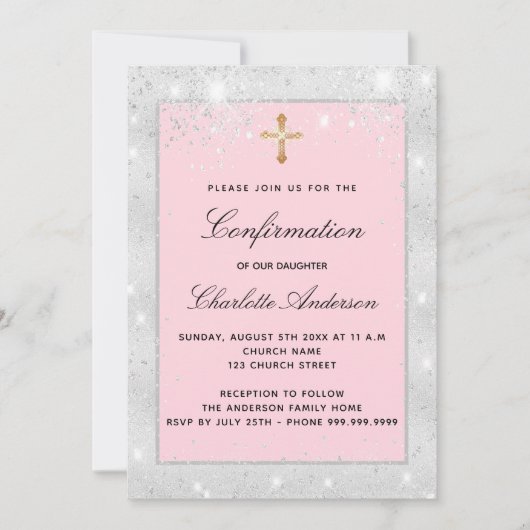 Bevestiging zilverroze glitter cross script kaart (Voorkant)