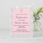 Bevestiging zilverroze glitter cross script kaart (Staand voorkant)
