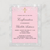 Bevestiging zilverroze glitter cross script uitnodiging briefkaart (Voorkant)