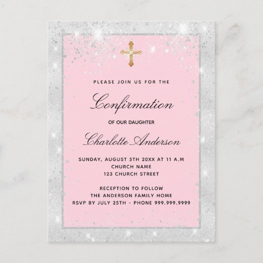 Bevestiging zilverroze glitter cross script uitnodiging briefkaart (Voorkant)