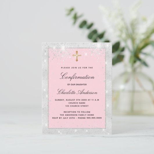 Bevestiging zilverroze glitter cross script uitnodiging briefkaart (Staand voorkant)
